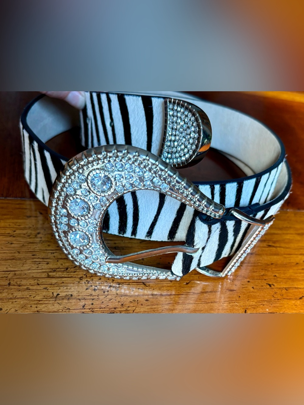 Chico's Vintage Genuine Leather Pony Hair Zebra Print Crystal Belt- Size M